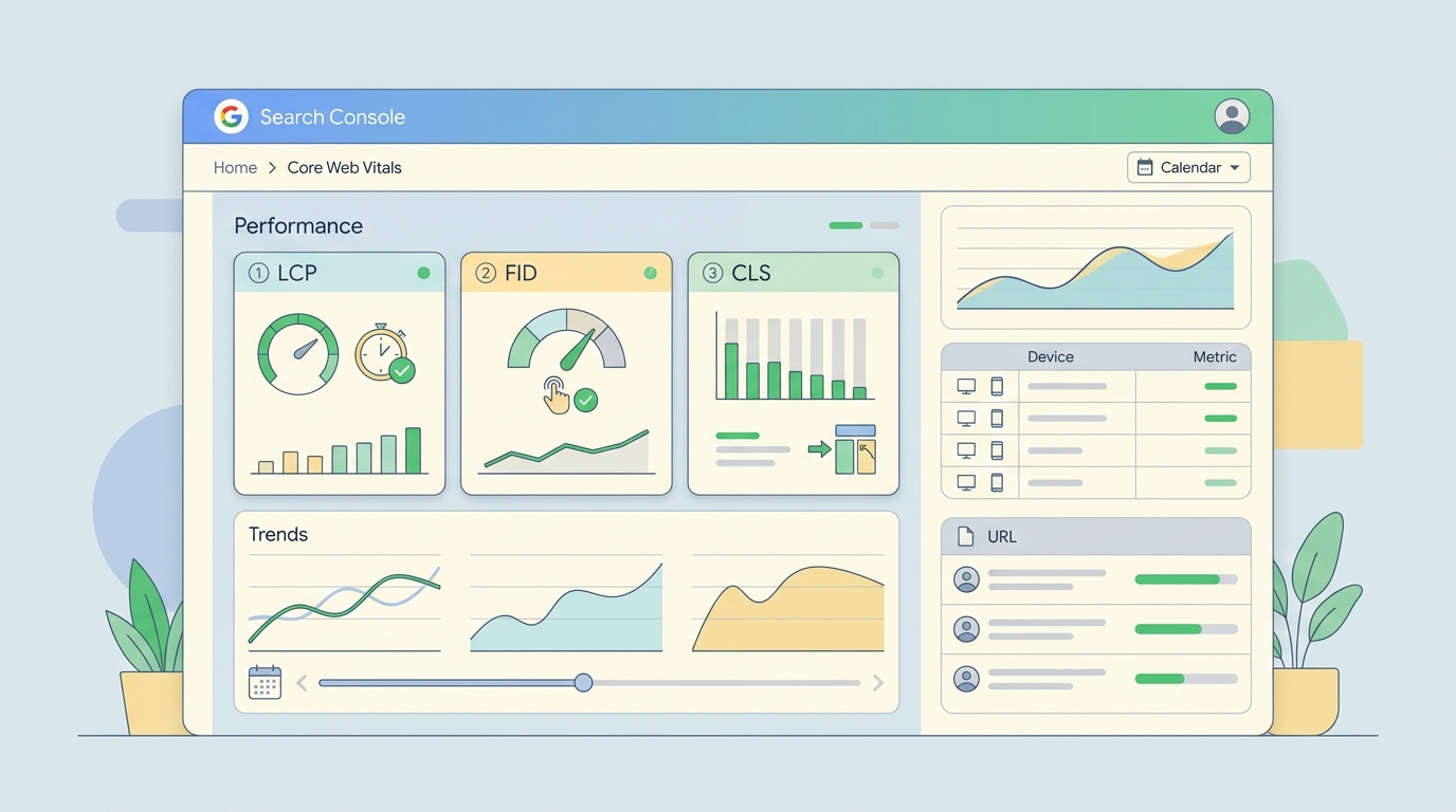 구글 서치 콘솔에서 Core Web Vitals 성능을 확인하는 대시보드 화면