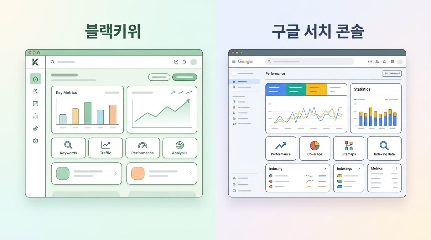블로그 SEO 분석 도구 블랙키위와 구글 서치 콘솔 비교 화면