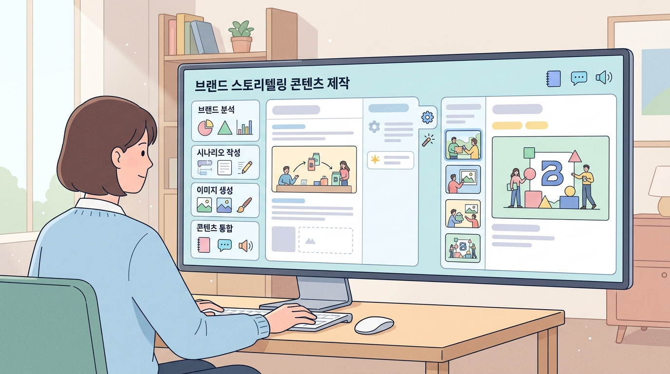 AI 도구를 활용해 브랜드 스토리텔링 콘텐츠를 제작하는 마케터의 작업 화면