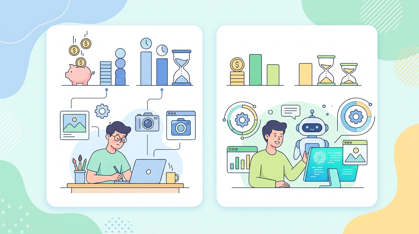 AI SNS 콘텐츠 제작 전후 비용 및 시간 비교 그래프