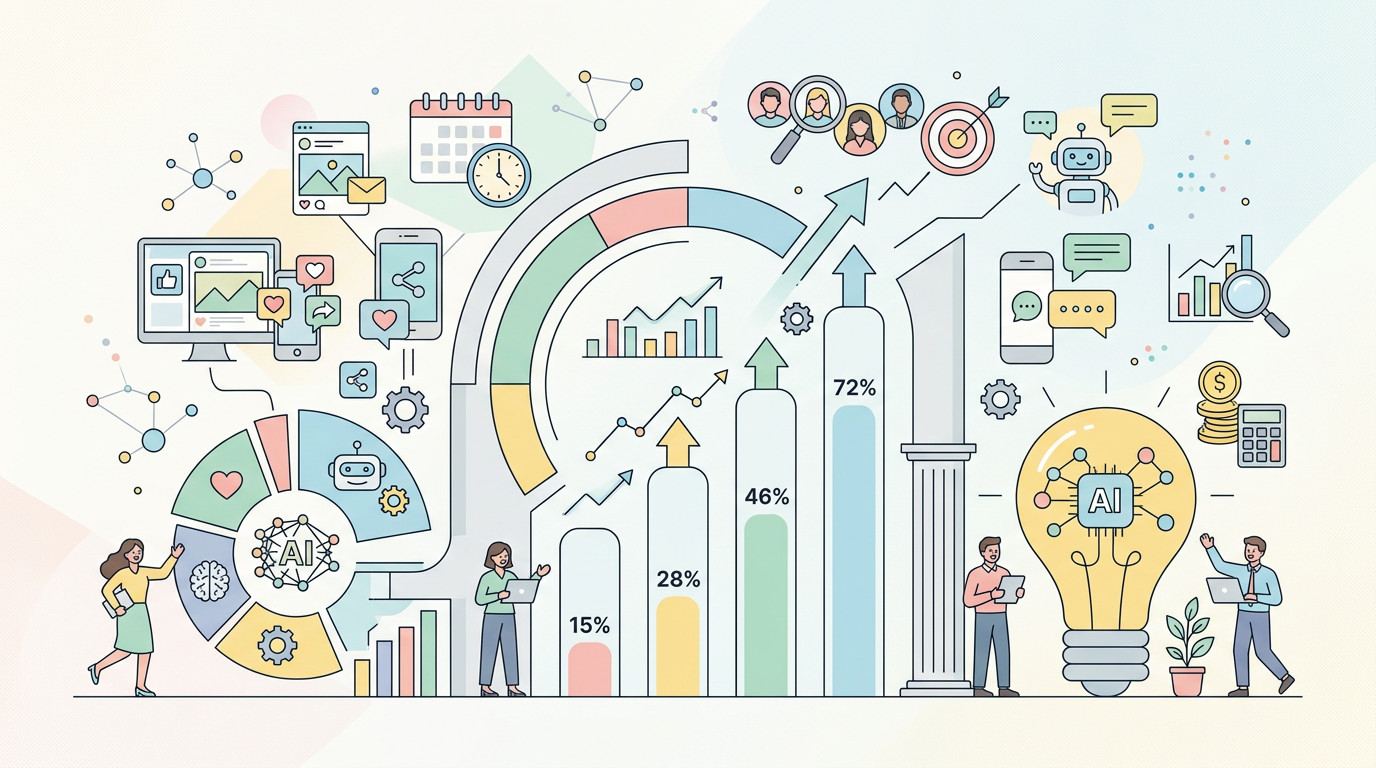 SNS 마케팅에서 AI 도입률 통계를 보여주는 인포그래픽