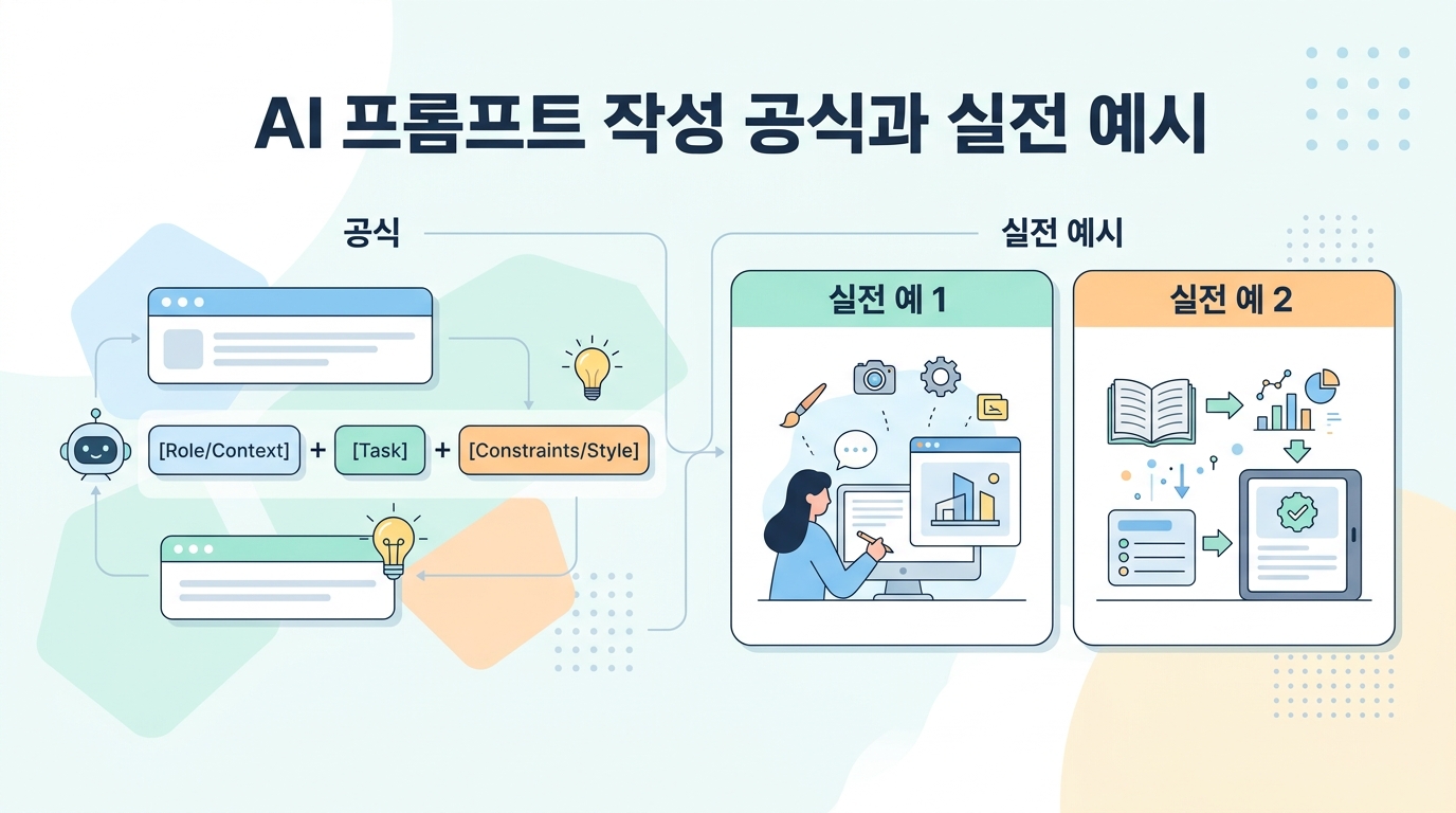 AI 프롬프트 작성 공식과 실전 예시를 보여주는 카드 이미지