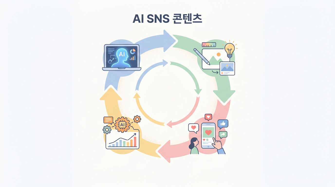AI SNS 콘텐츠 자기 진화형 루프 4단계 순환 다이어그램