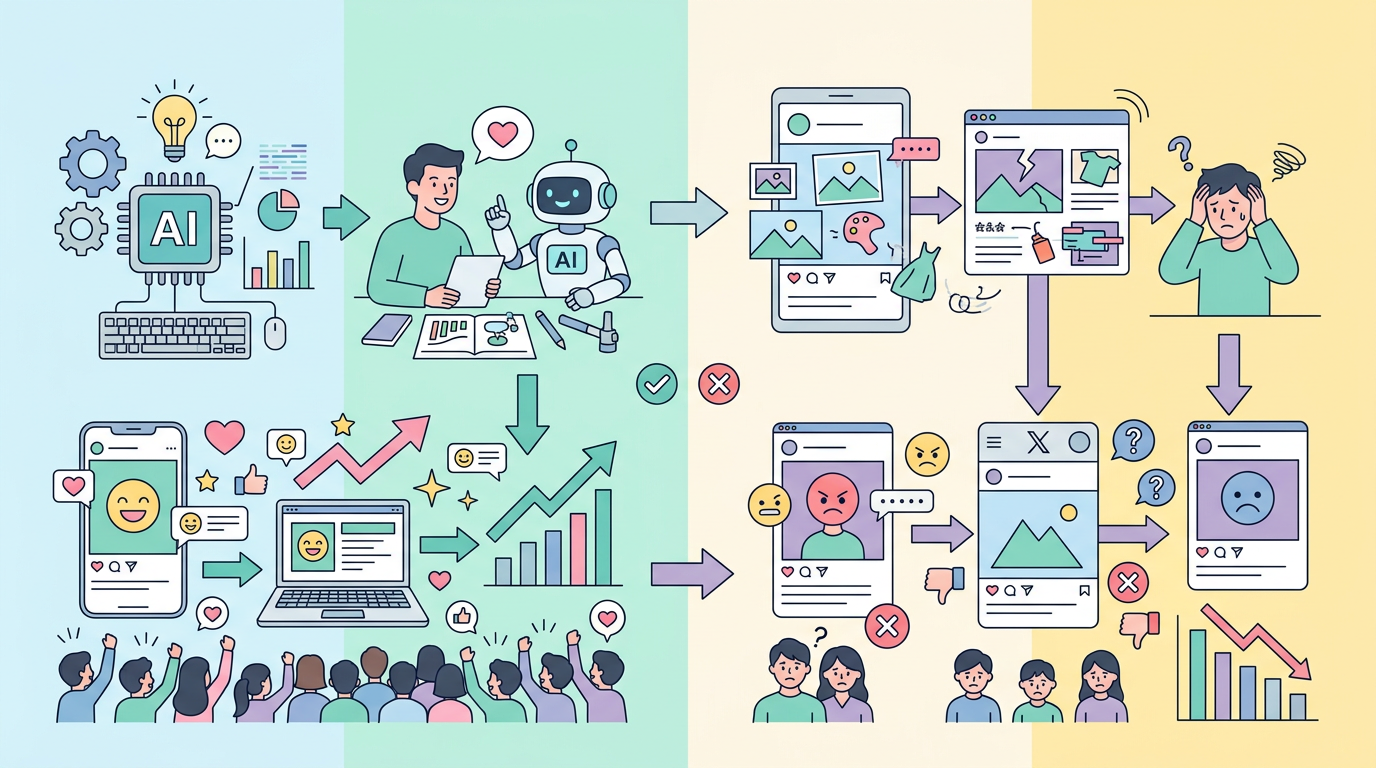 AI SNS 콘텐츠 제작 성공 사례와 실패 사례 비교 인포그래픽