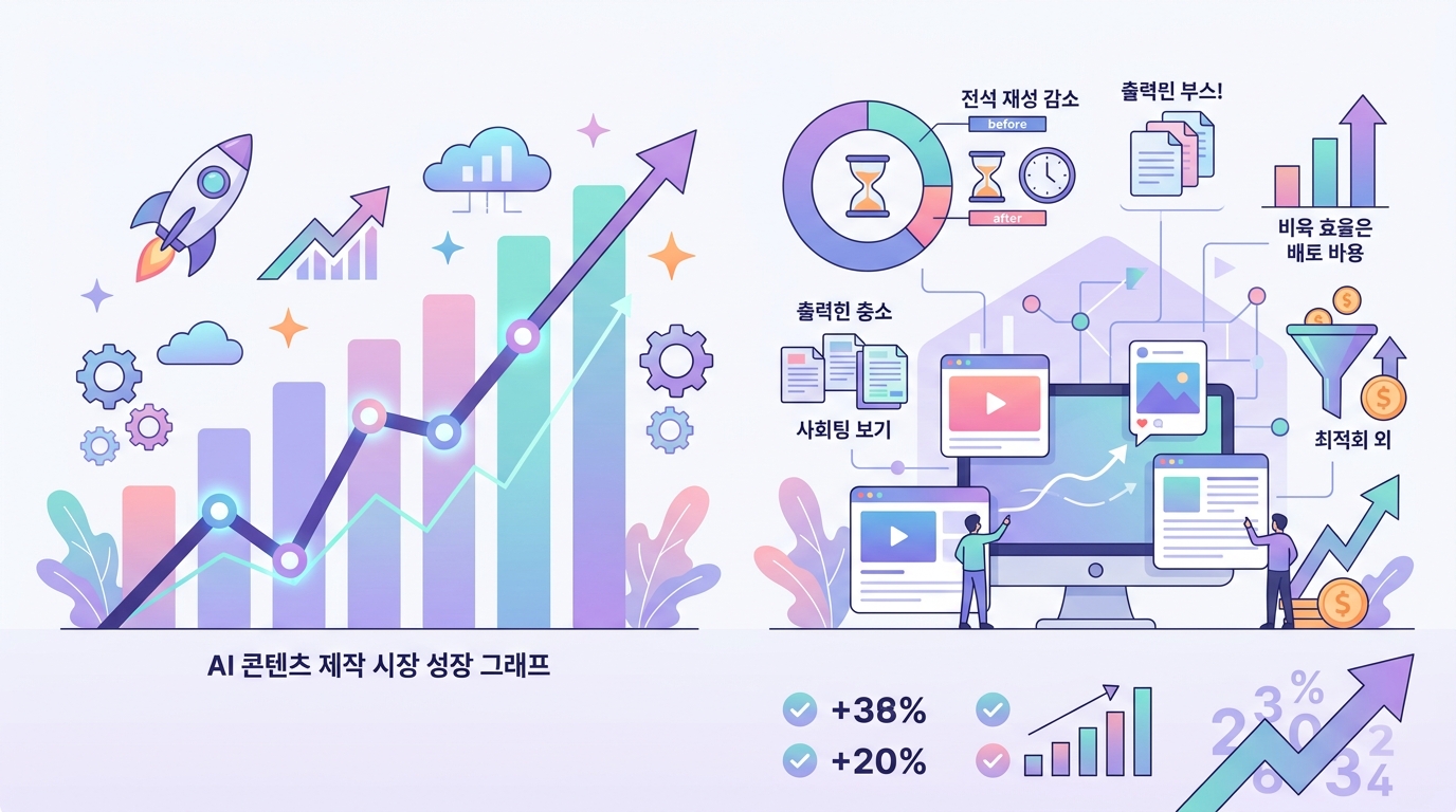 AI 콘텐츠 제작 시장 성장 그래프와 마케팅 생산성 향상 통계 인포그래픽