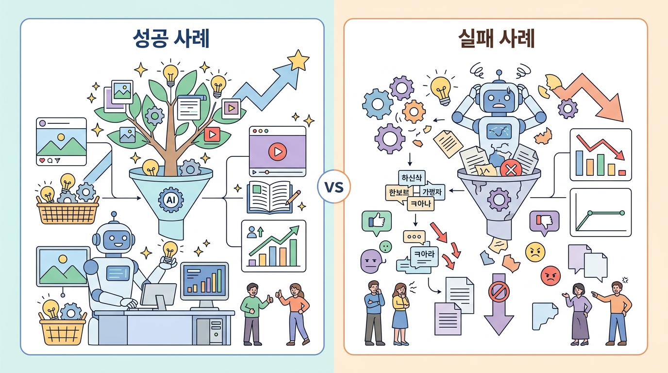 AI 콘텐츠 제작 성공 사례와 실패 사례를 비교하는 인포그래픽