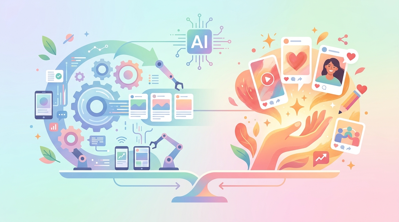 AI SNS 콘텐츠 제작 시 7대 3 법칙을 적용한 효율과 진정성 균형 다이어그램