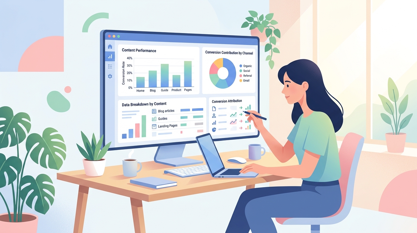 GA4 대시보드에서 콘텐츠별 전환 기여도를 분석하는 화면