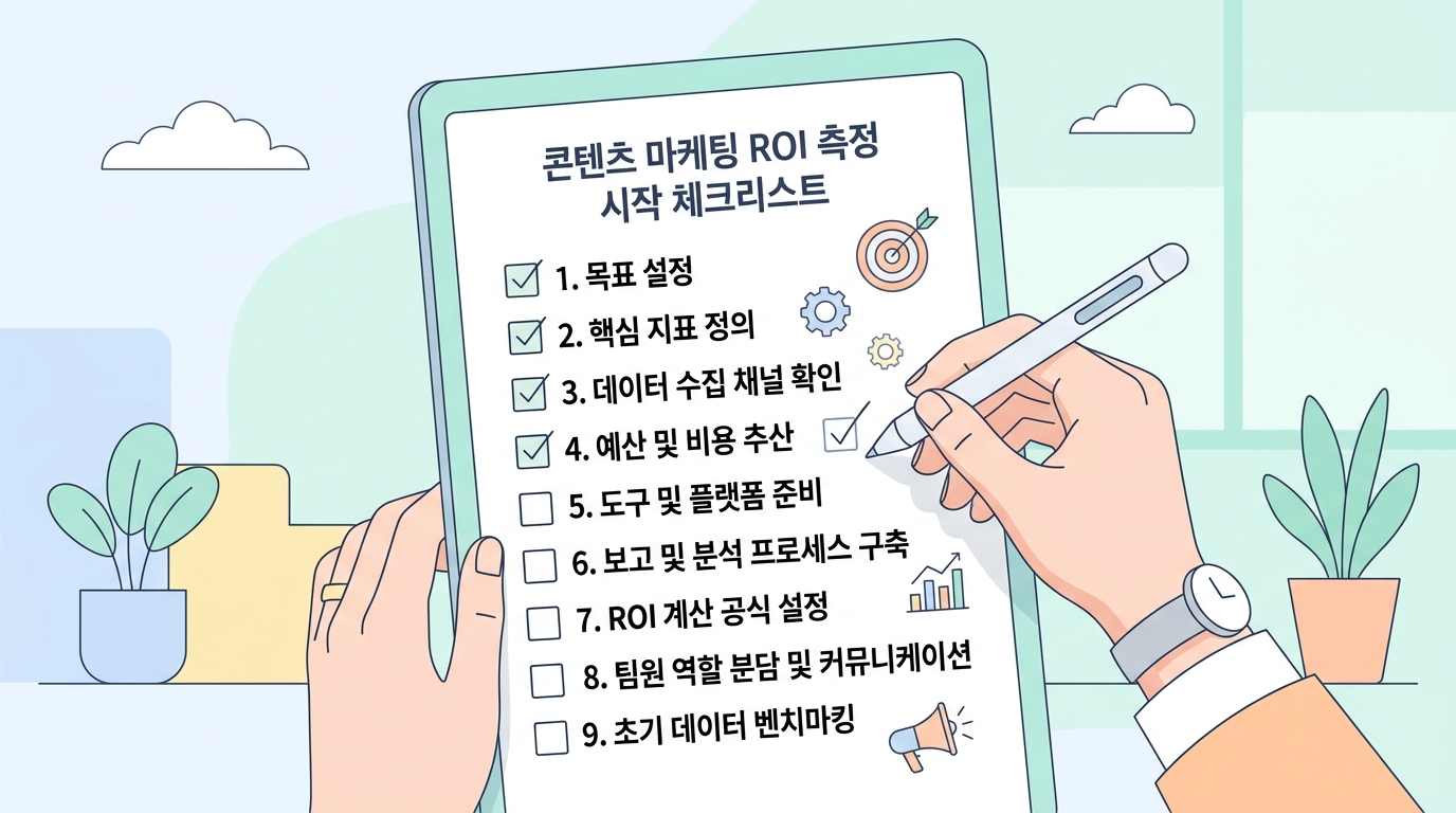 콘텐츠 마케팅 ROI 측정 시작 체크리스트를 체크하는 마케터 손