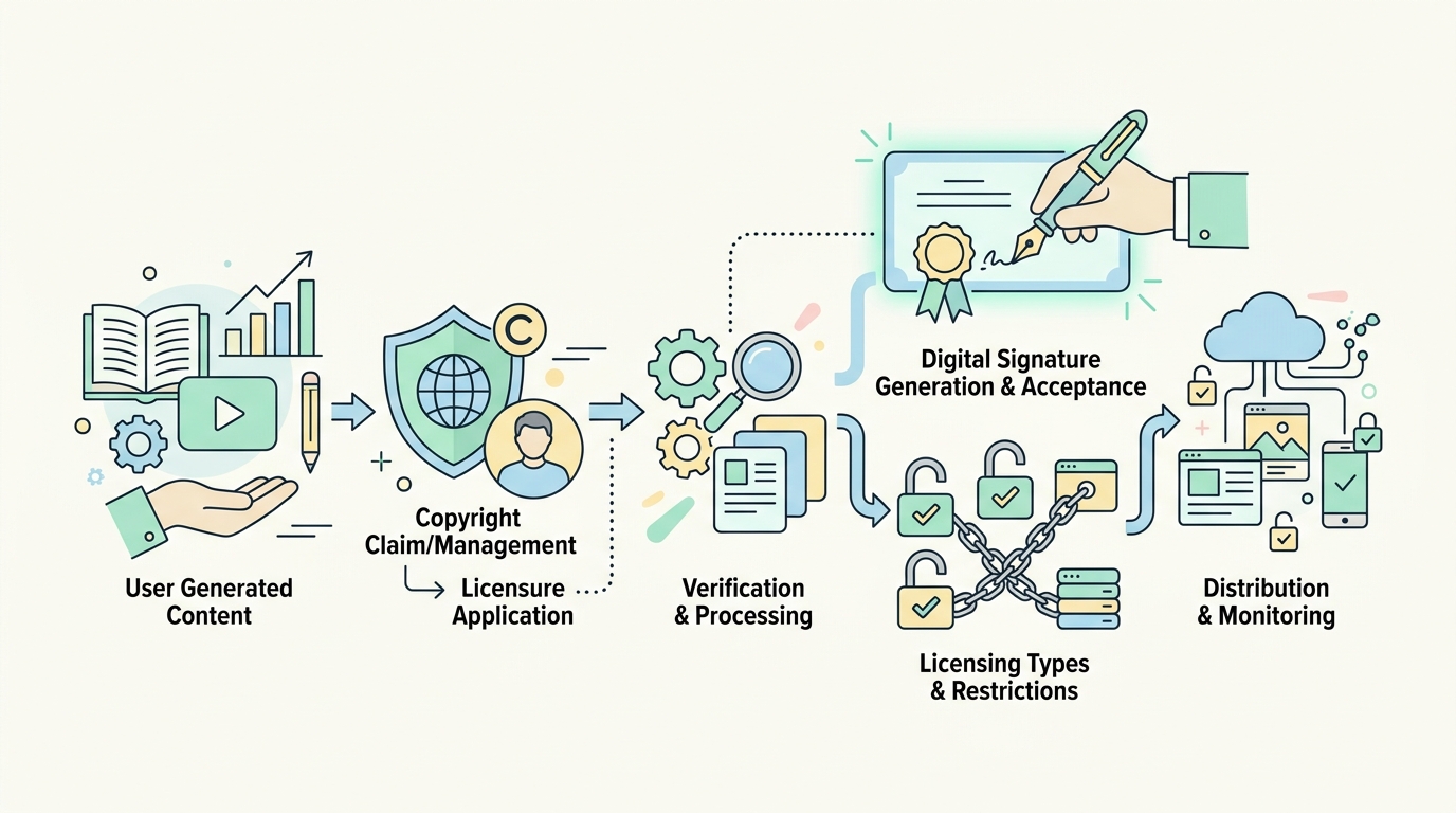 UGC 콘텐츠 저작권 관리와 디지털 서명 라이선싱 프로세스 설명 다이어그램