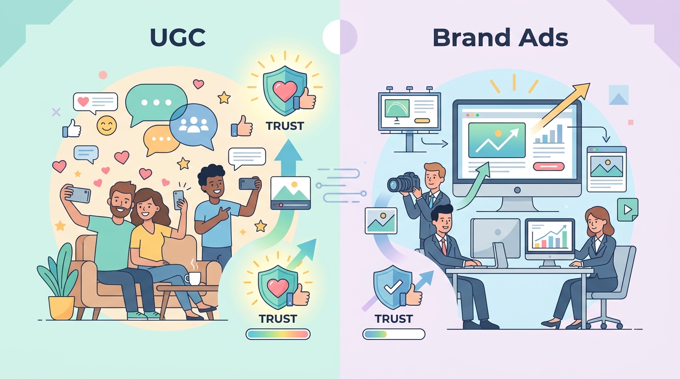 UGC 콘텐츠와 브랜드 광고 콘텐츠의 신뢰도 차이를 비교하는 인포그래픽