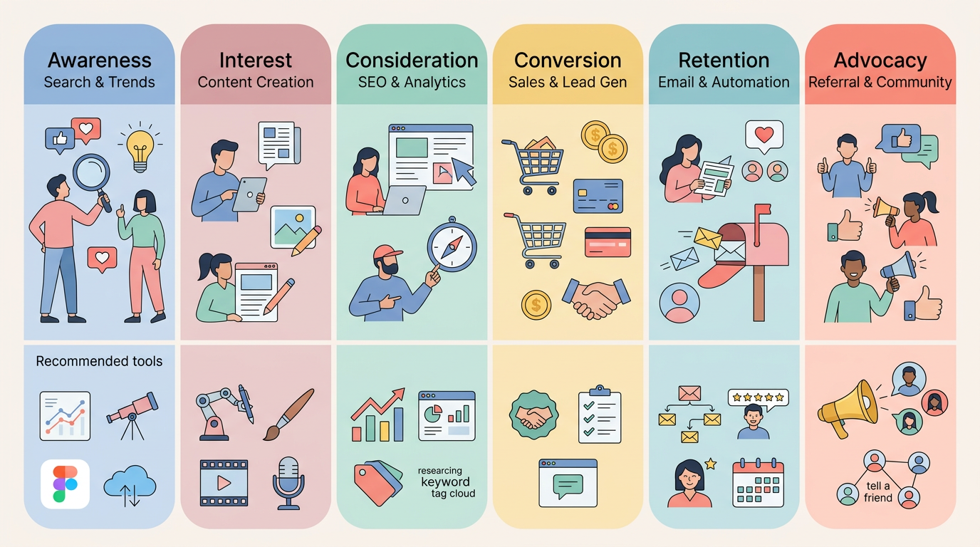 마케팅 단계별 AI 도구 추천 비교표를 정리한 인포그래픽