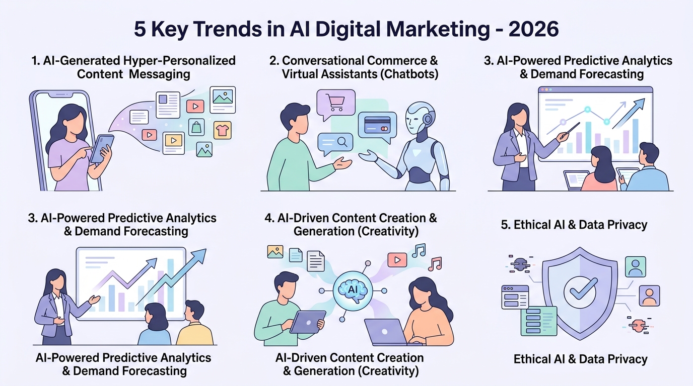 2026년 AI 디지털 마케팅 5대 트렌드 요약 일러스트