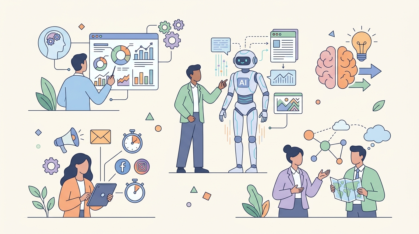 AI 디지털 마케팅 시대에 마케터가 갖춰야 할 핵심 역량을 정리한 일러스트