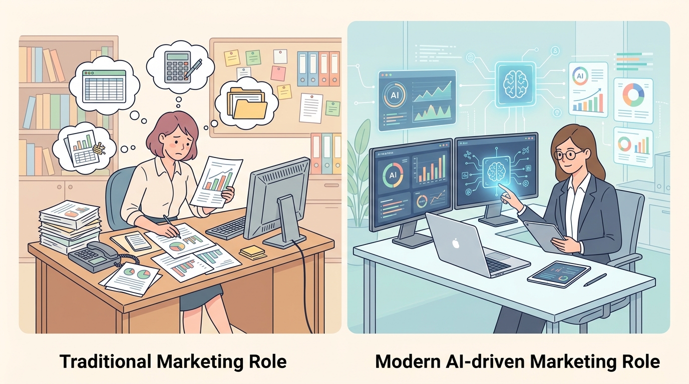 AI 디지털 마케팅 시대 마케터의 역할 변화를 보여주는 비교 일러스트