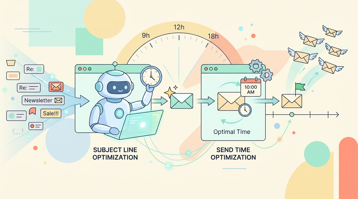 AI 에이전트가 이메일 제목과 발송 시간을 자동 최적화하는 과정 일러스트