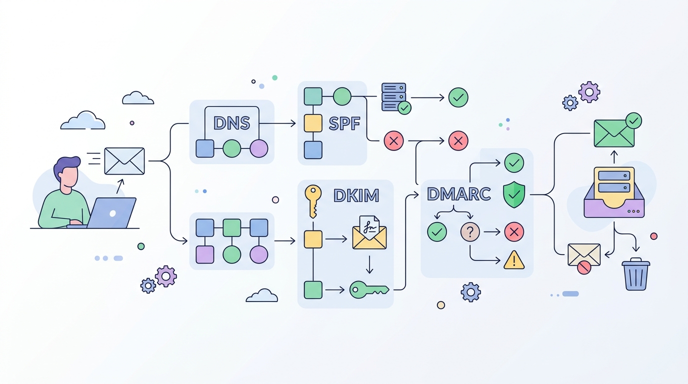 이메일 발신자 인증 SPF DKIM DMARC 설정 과정을 보여주는 다이어그램