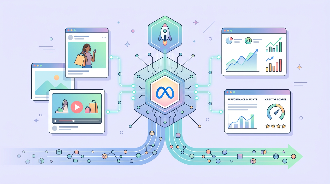 메타 Andromeda AI 알고리즘이 광고 소재를 분석하는 개념 일러스트