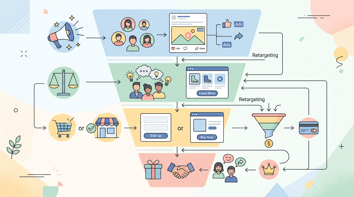 페이스북 광고 풀 퍼널 전략을 단계별로 보여주는 인포그래픽