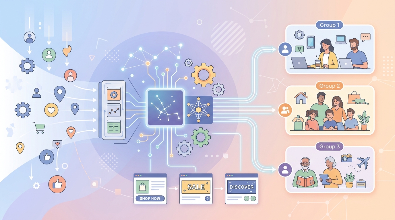 메타 안드로메다 AI 알고리즘이 광고 타겟팅을 자동화하는 개념 일러스트