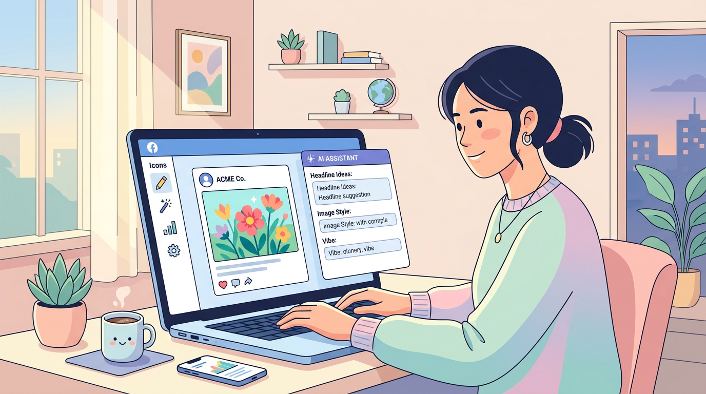 페이스북 광고 소재 제작에 AI 도구를 활용하는 마케터 작업 화면
