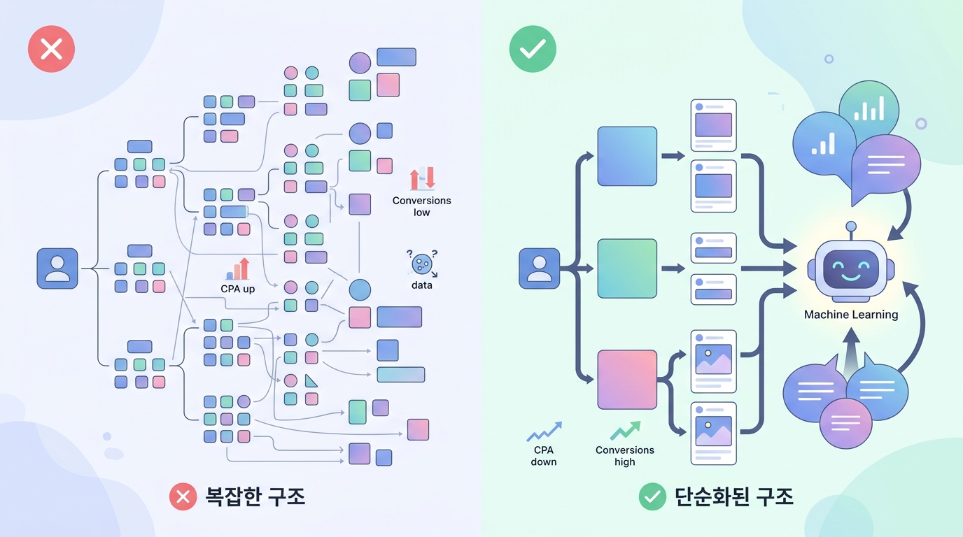 페이스북 광고 계정 구조를 단순화하여 머신러닝 효율을 높이는 방법 비교