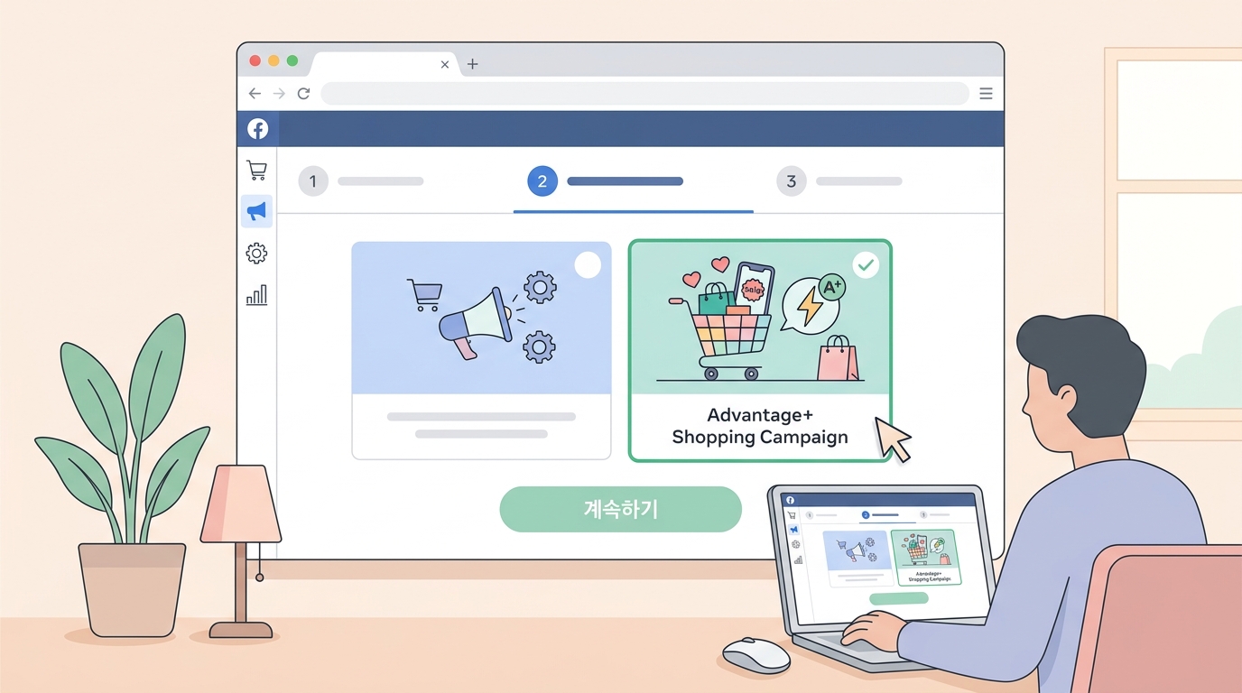 페이스북 광고 캠페인 설정 화면에서 Advantage+ 쇼핑 캠페인을 선택하는 모습