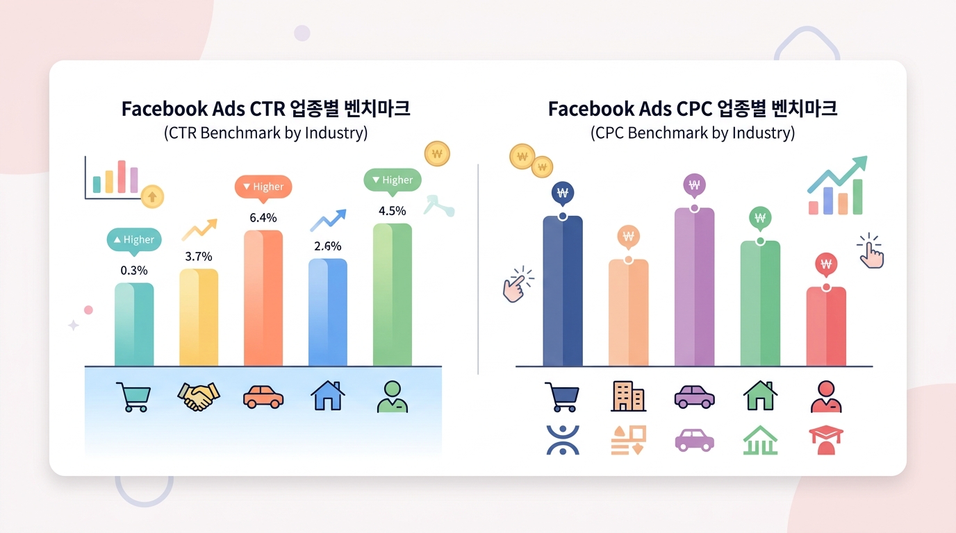 페이스북 광고 CTR과 CPC 업종별 벤치마크 비교 인포그래픽
