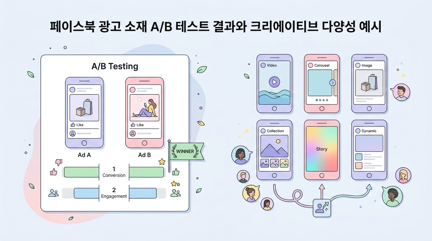 페이스북 광고 소재 A/B 테스트 결과와 크리에이티브 다양성 예시