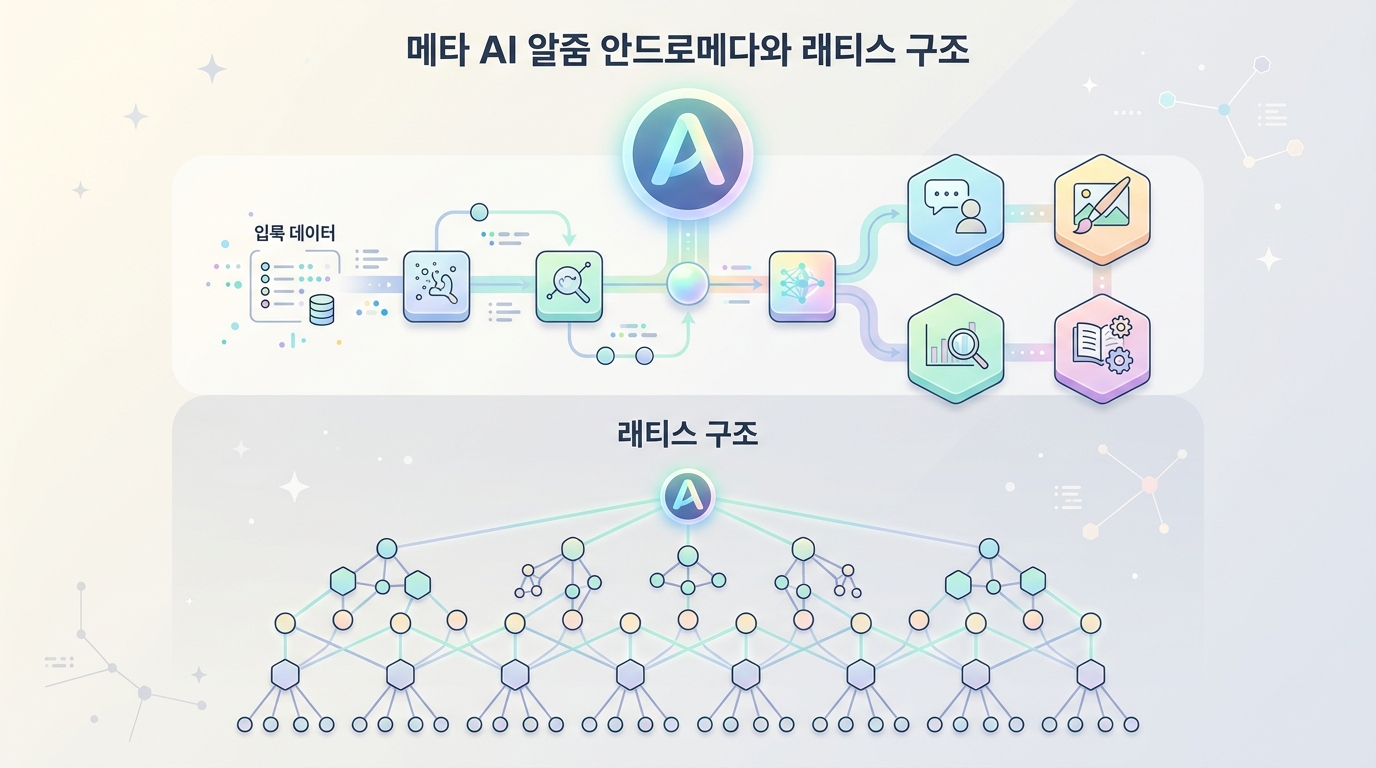 메타 AI 알고리즘 안드로메다와 래티스 구조 설명 인포그래픽