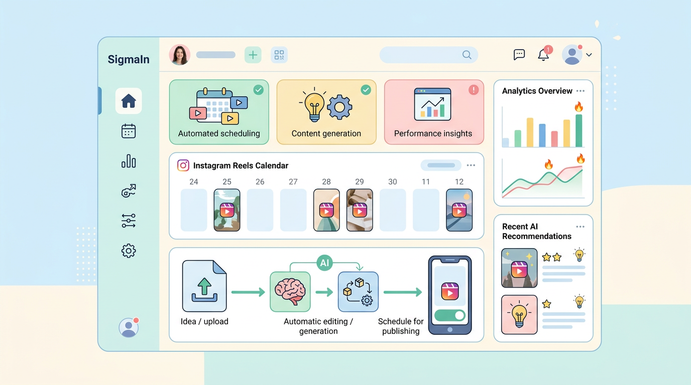 시그마인 AI 플랫폼으로 인스타그램 릴스 콘텐츠 자동 관리하는 대시보드 화면