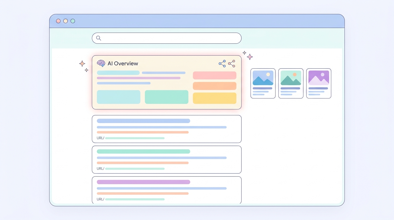 Google検索結果にAI Overviewが表示されている画面のイメージ図
