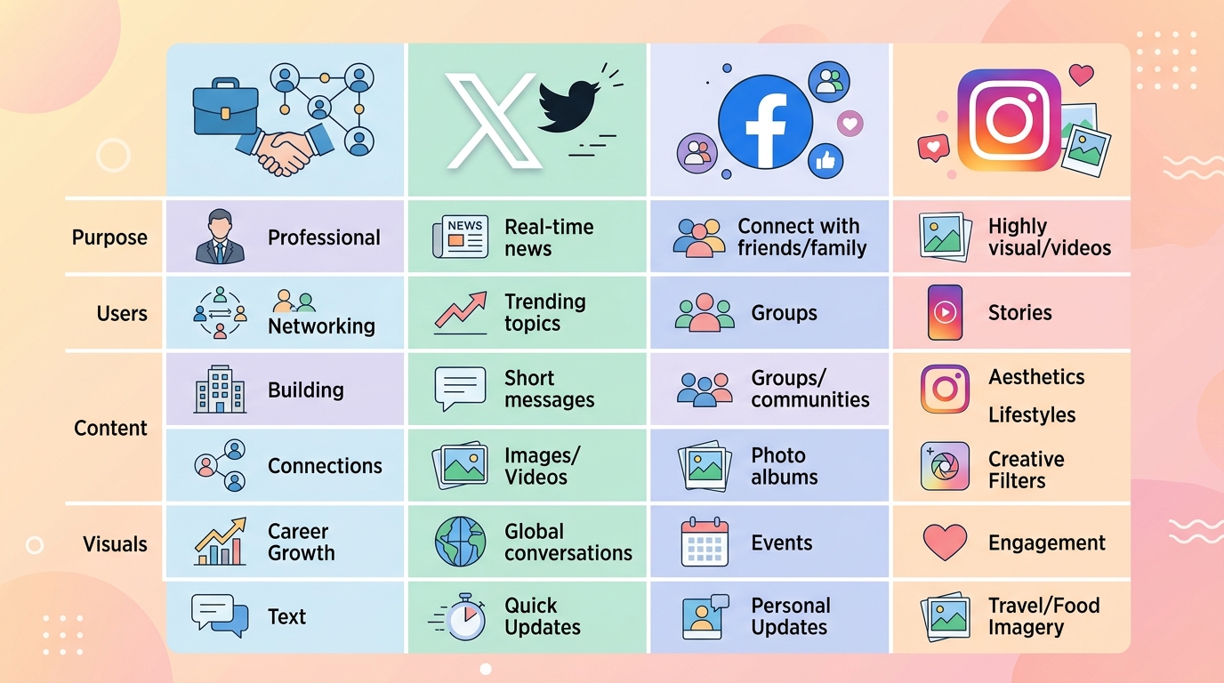 LinkedIn・X・Facebook・Instagramのアイコンと各媒体の役割を整理した比較チャート