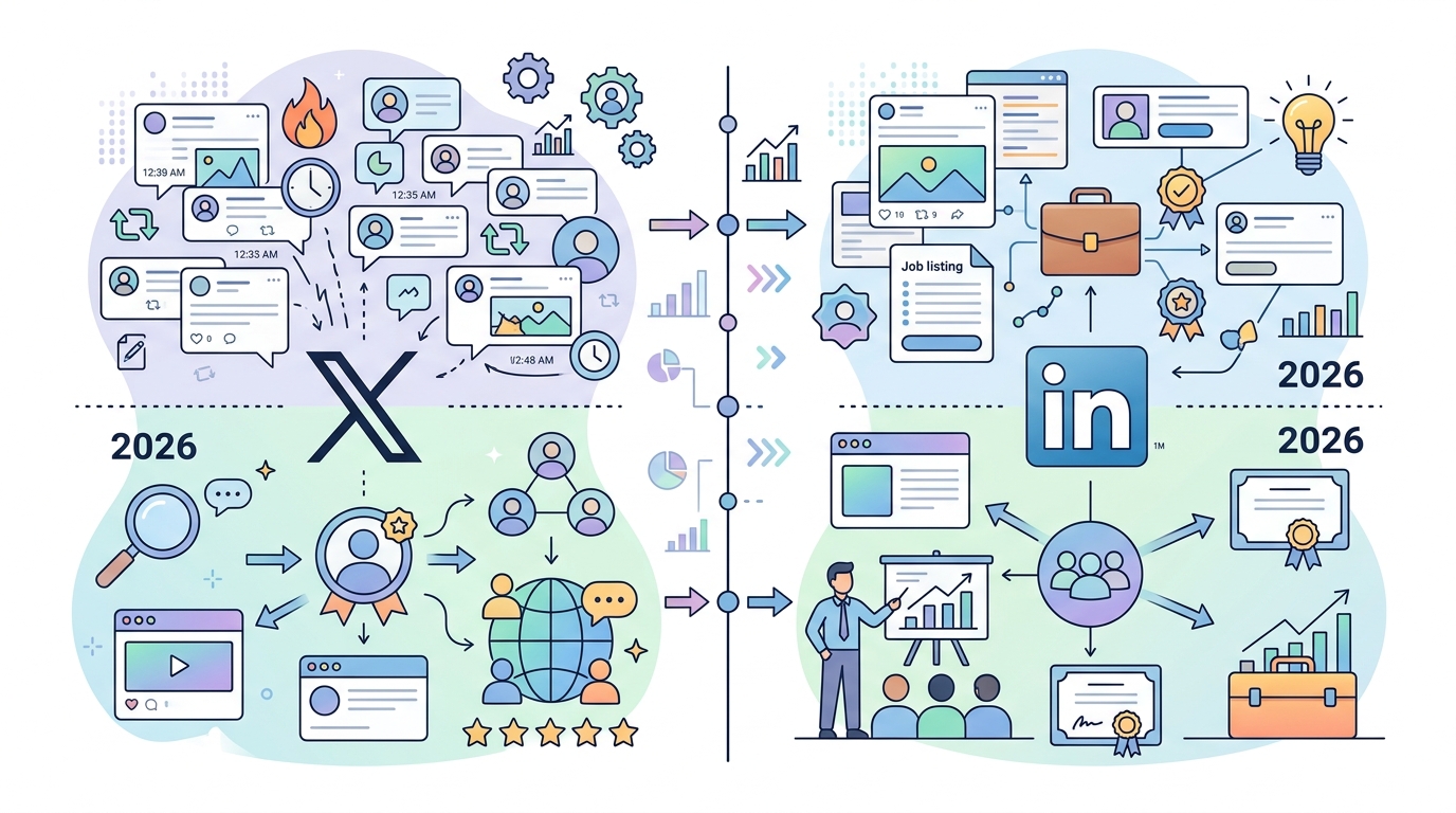 2026年のSNSアルゴリズム変化を示すインフォグラフィック（X・LinkedInの変化ポイント）