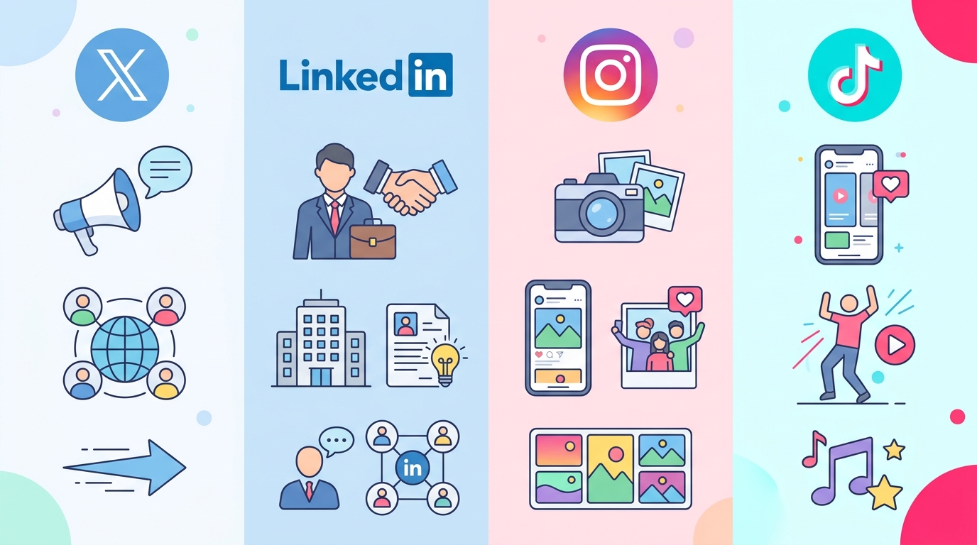 X・LinkedIn・Instagram・TikTokのロゴと各媒体の役割を示す比較図