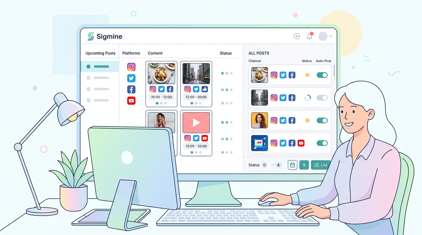 Sigmineの管理画面でSNS投稿を一括管理している様子