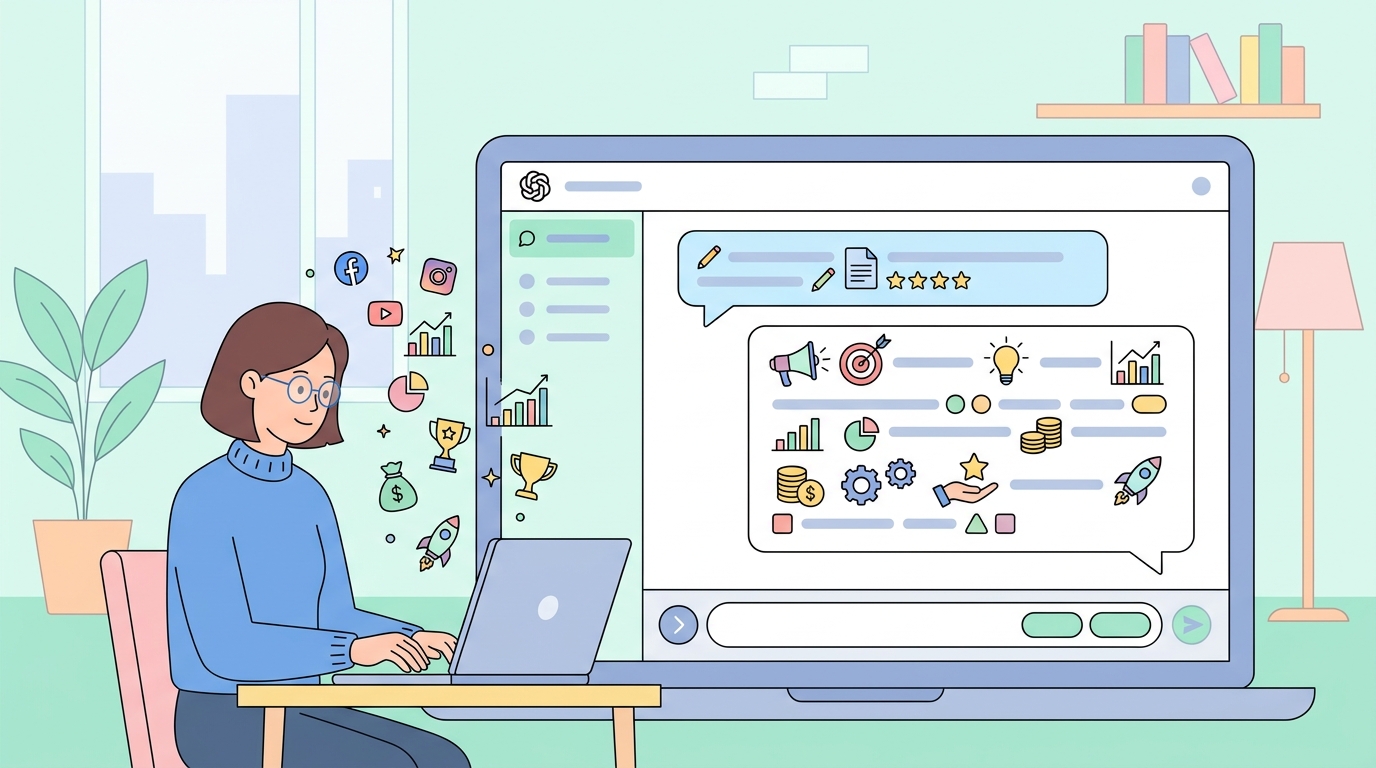 ChatGPTの画面でマーケティング文章を生成している様子のイメージ図