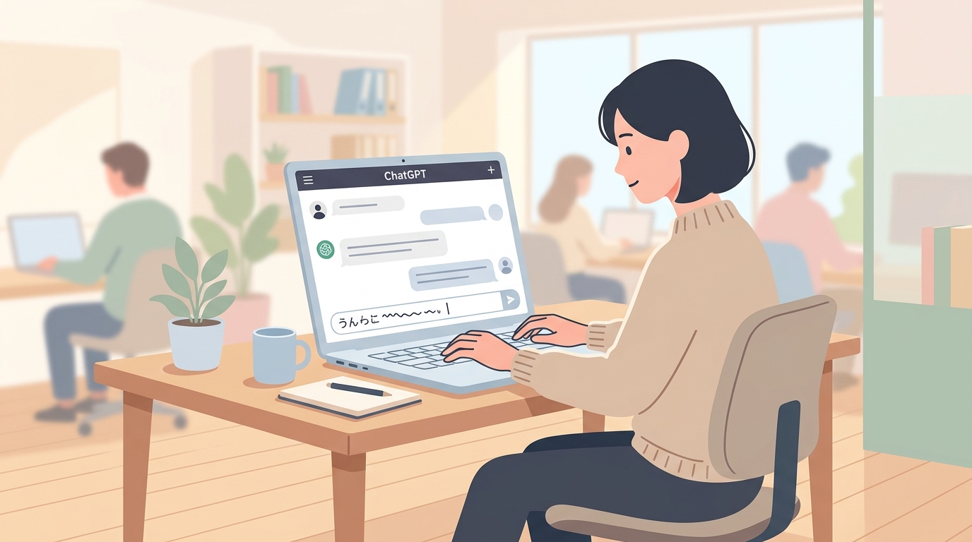 ChatGPTの画面でマーケティング用のプロンプトを入力している日本のオフィスワーカーの様子