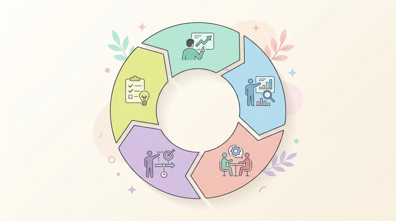 月次レビューの5ステップをサイクル図で示したイラスト