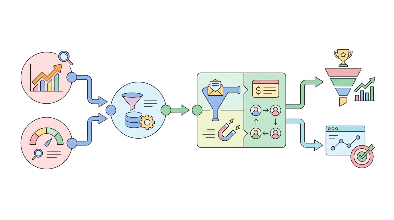 GA4・Search Console・MAツールを連携させた成果測定フローの図解イメージ