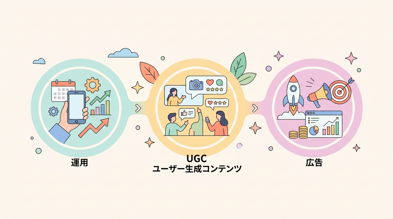 SNS集客の3ステップ（運用→UGC→広告）を示すロードマップ図