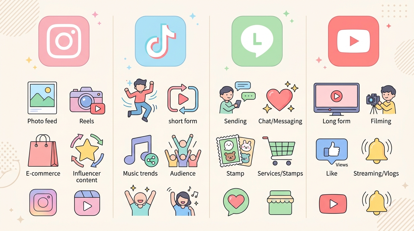 Instagram・TikTok・LINE・YouTubeの特徴を比較したアイコン付きの図