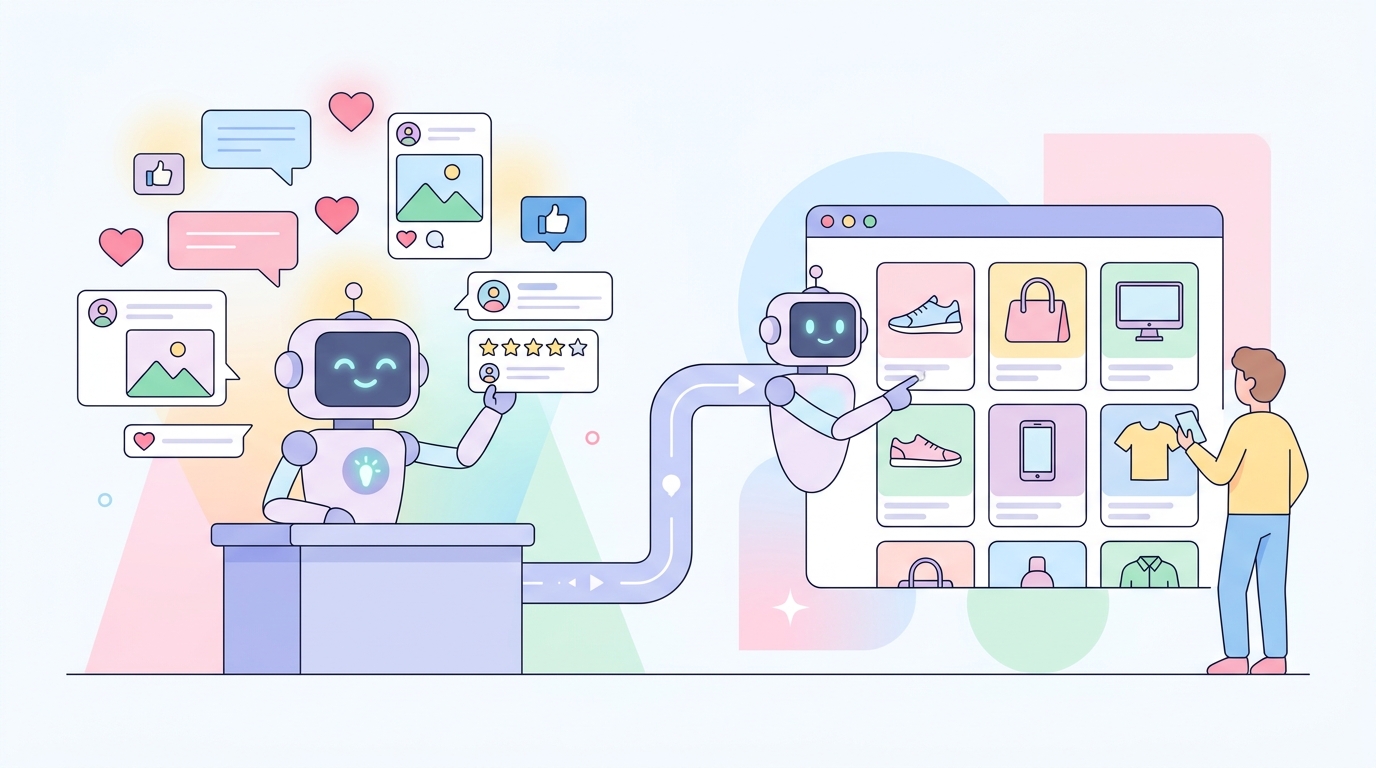 AIエージェントがSNSのUGCを参照して商品をおすすめする流れのイメージ図