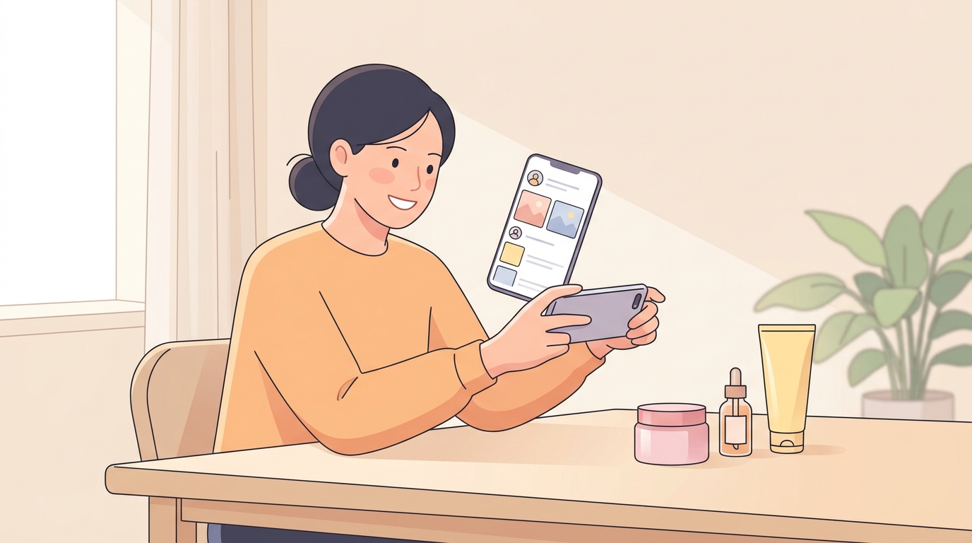 EC事業者がスマートフォンでSNS投稿を確認しながら商品を撮影している様子