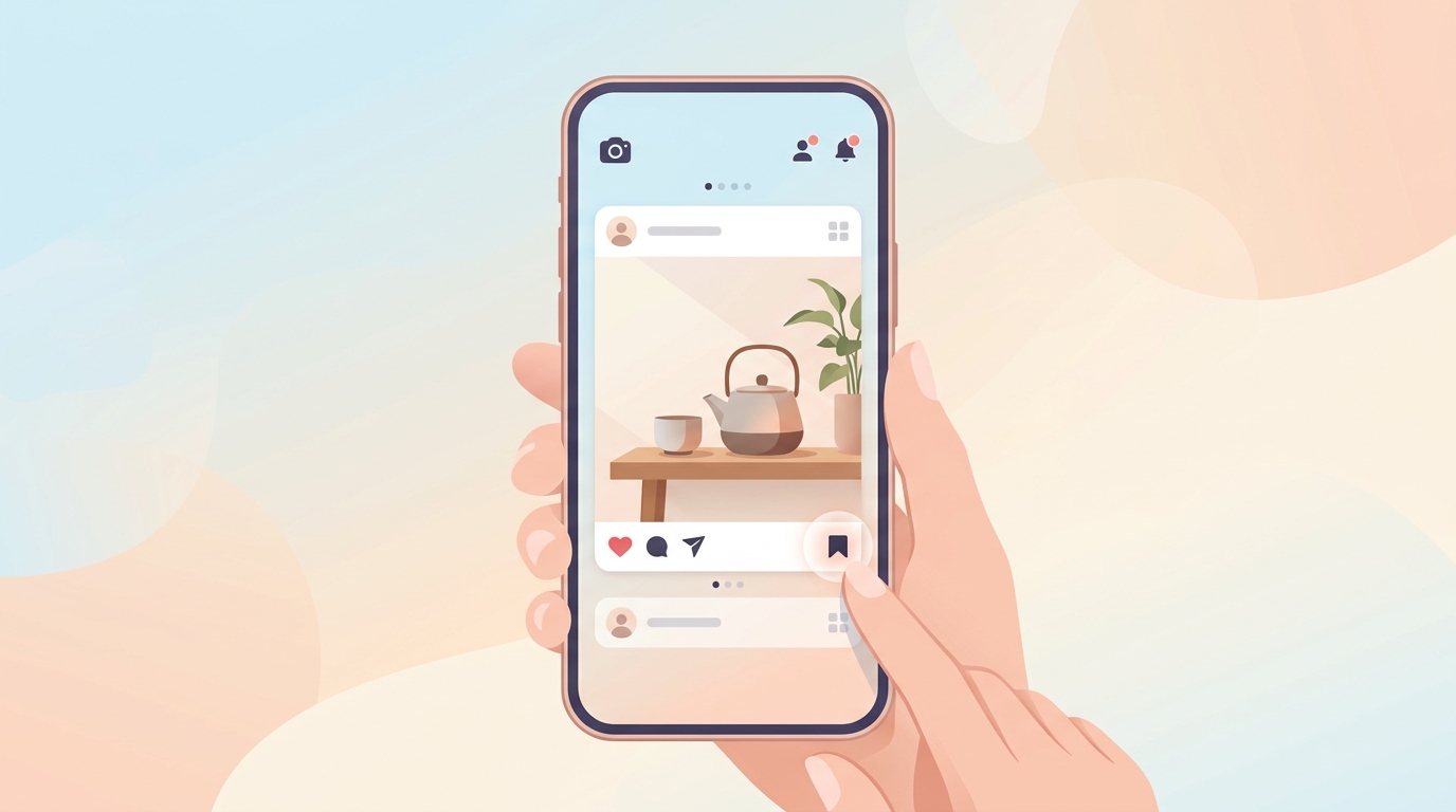 Instagramの保存ボタンを押して商品をブックマークしているスマートフォン画面