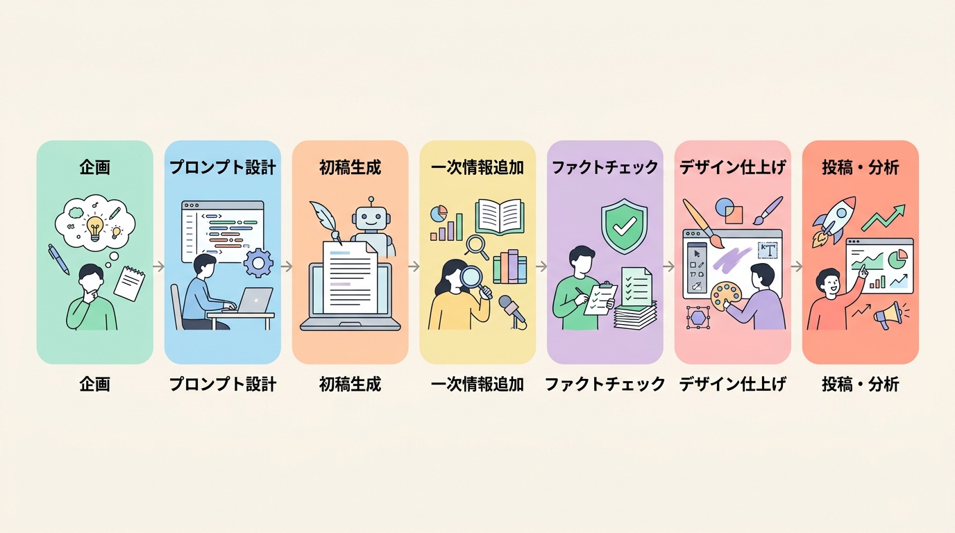 7ステップのフロー図（企画→プロンプト設計→初稿生成→一次情報追加→ファクトチェック→デザイン仕上げ→投稿・分析）