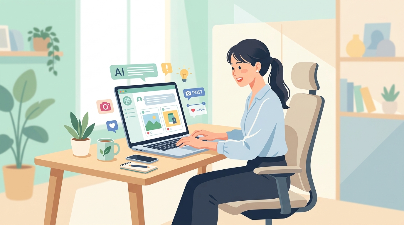 中小企業の担当者がパソコンで生成AIを使ってSNS投稿を作成している作業風景