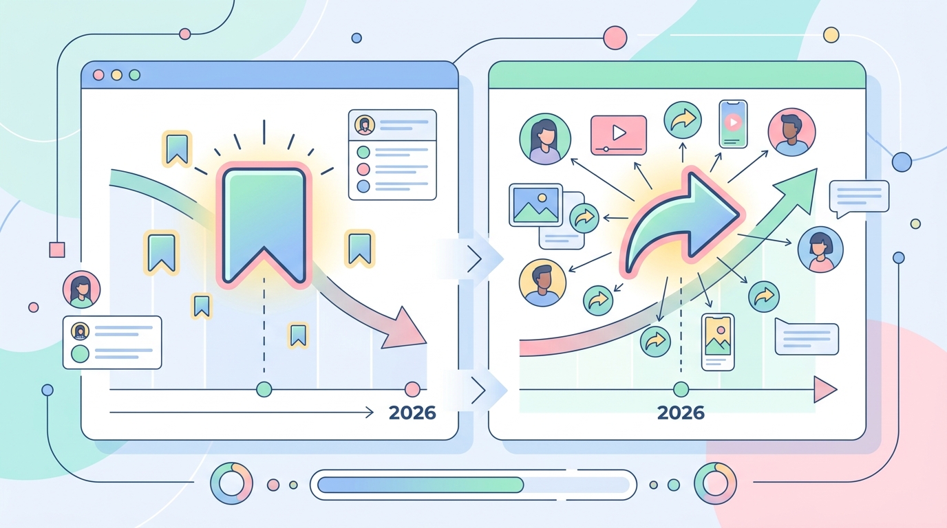 2026年のSNSアルゴリズム変化を示すインフォグラフィック（保存数からシェア数重視への移行）