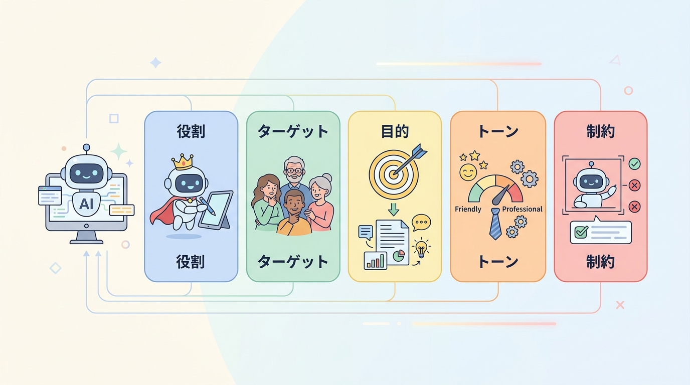 生成AIに入力するプロンプトの構成要素を図解したイメージ（役割・ターゲット・目的・トーン・制約の5要素）