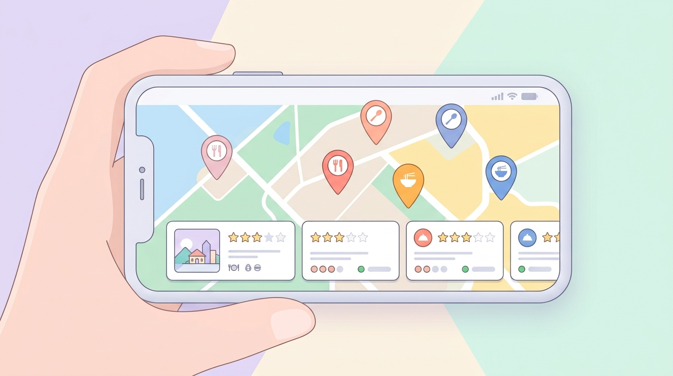 Googleマップで近隣の飲食店を検索しているスマートフォン画面のイメージ